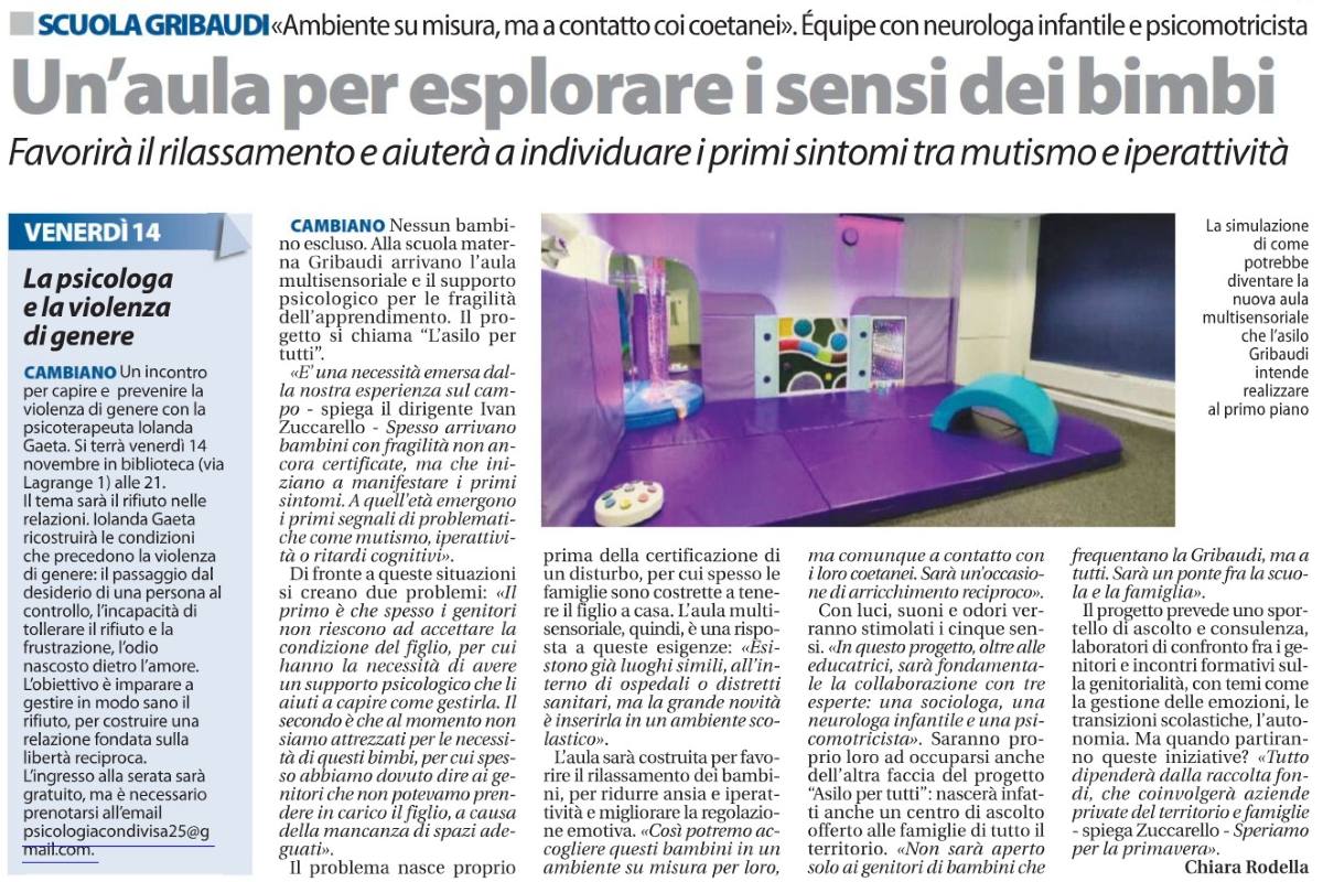 Corriere della sera: Un'aula per esplorare i sensi dei bimbi | Asili Riuniti di Cambiano e Gribaudi