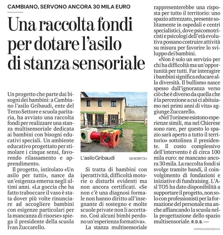 La Stampa: Una raccolta fondi per dotare l'asilo di stanza sensoriale | Asili Riuniti di Cambiano e Gribaudi